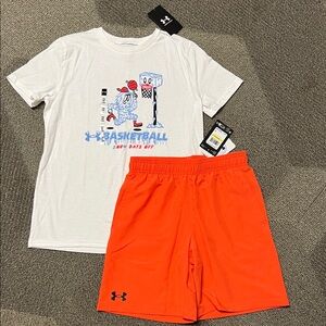 Under Armour White Tee and Bright Orange Shorts Set YM(10/12) NWT